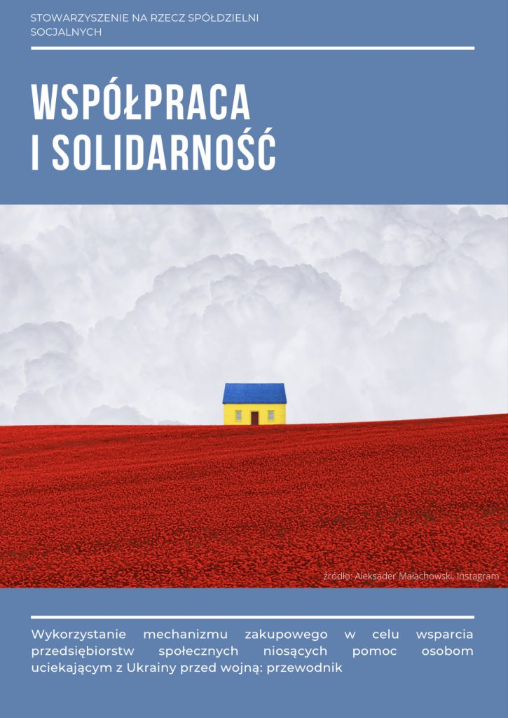 Okładka publikacji. Tytuł "Współpraca i solidarność". Znajduje się na niej grafika Aleksandra Małachowskiego oraz opis "Wykorzystanie mechanizmu zakupowego w celu wsparcia przedsiębiorstw społecznych niosących pomoc osobom uciekającym z Ukrainy przez wojną: przewodnik".