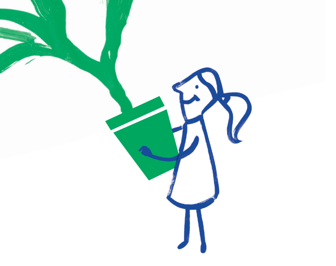 Grafika: dziewczyna, kobieta trzymająca doniczkę z kwiatem. Kolory niebieski i zielony. Forma grafiki: prosta, symboliczna