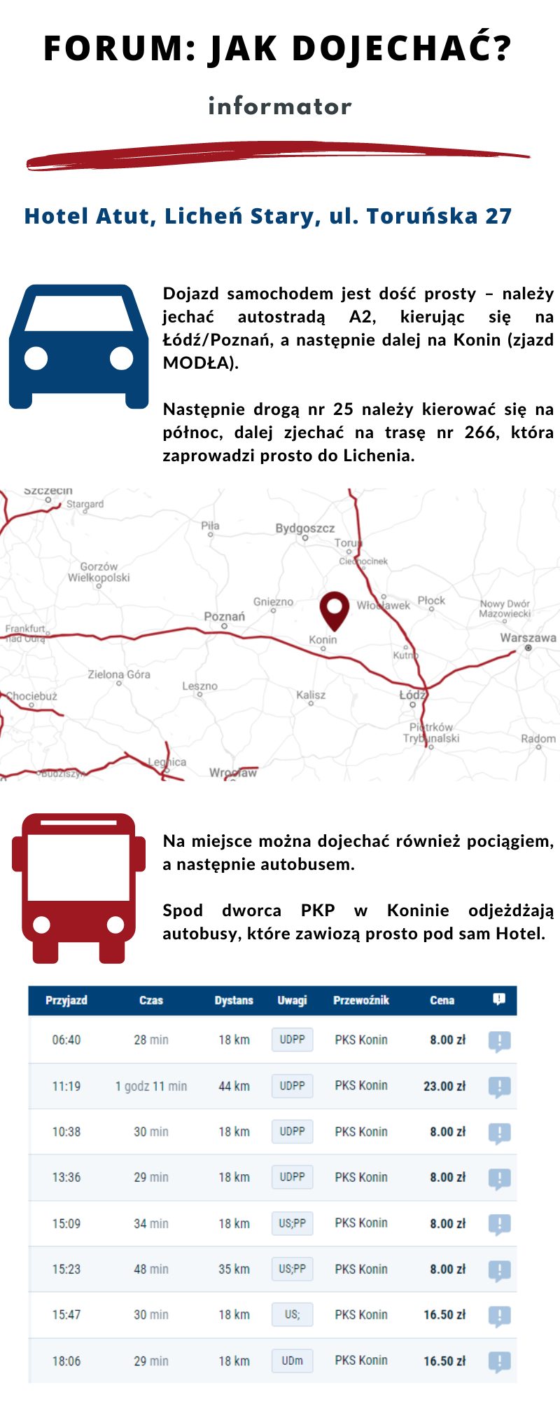 Grafika przedstawiająca wskazówki dojazdu na Wielkopolskie Forum Ekonomii Społecznej