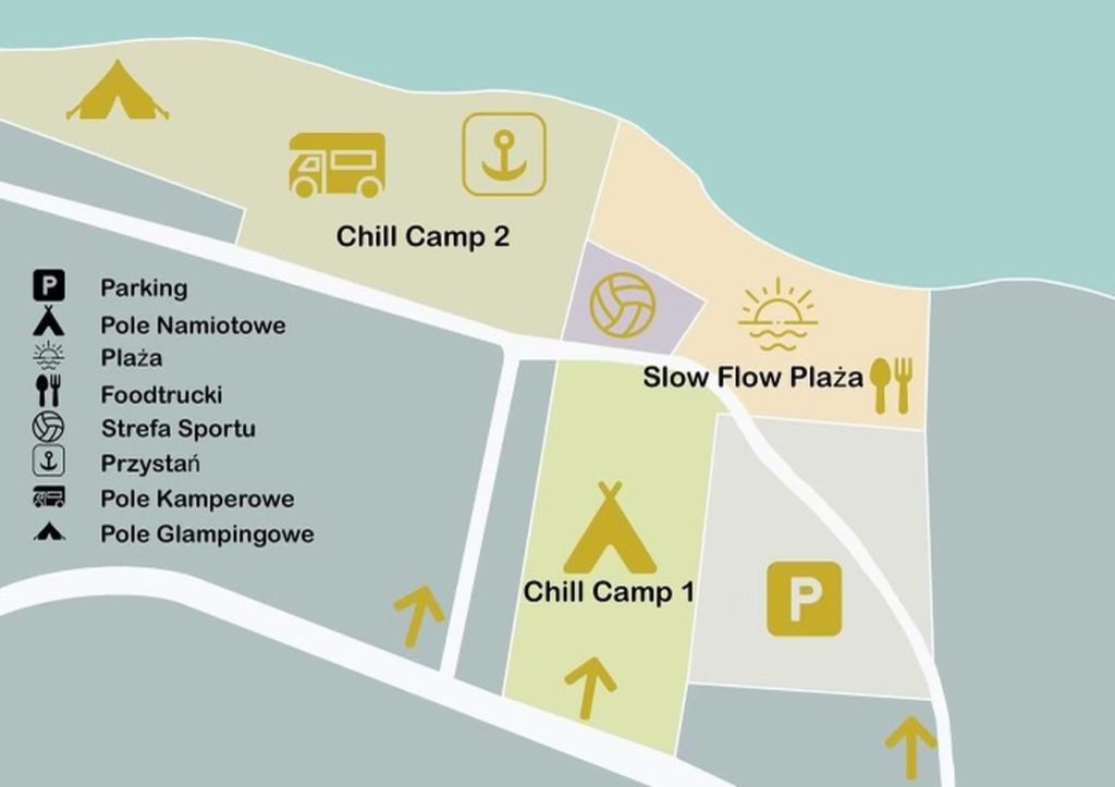 Mapa obszaru działalności Fundacji na której wskazano takie miejsca jak Chill Camp, Plaża