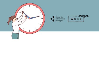 Grafika dekoracyjna - na niej widoczne dwa logo projektu Droga do zatrudnienia po węglu i logo WOES energia. po lewej stronie grafika/ ilustracja - kobieta zatrzymuje wskazówki zegara sugerując, że cofa czas.
