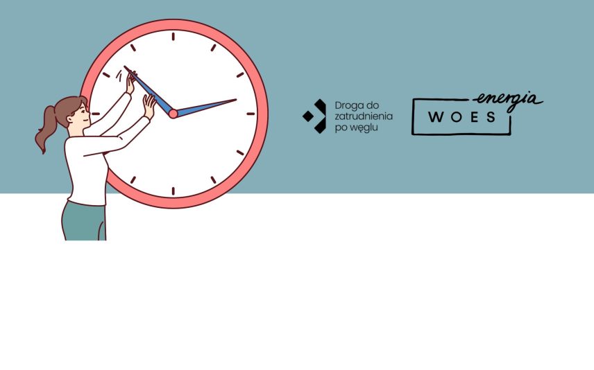 Grafika dekoracyjna - na niej widoczne dwa logo projektu Droga do zatrudnienia po węglu i logo WOES energia. po lewej stronie grafika/ ilustracja - kobieta zatrzymuje wskazówki zegara sugerując, że cofa czas.
