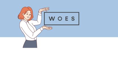 Postać kobiety w wersji animowanej - ubrana formalnie, w jej dłoniach logo WOES