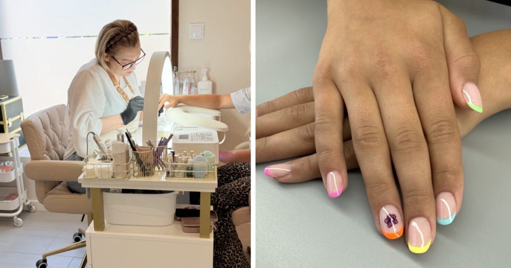 Dwa zdjęcia, po lewej stronie kobieta wykonująca manicure. Pani siedzi przy stole, a na nim widać wiele akcesoriów kosmetycznych. Po prawej stronie dłonie z wykonanym manicure - kolorowy francuski manicure z kwiatem na jednym z paznokci. 