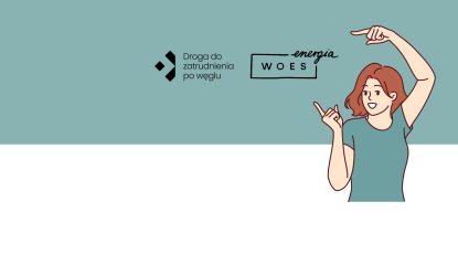 Kobieta wskazuje na dwa logo - WOES Energia i Droga do zatrudnienia po węglu / Grafika animowana
