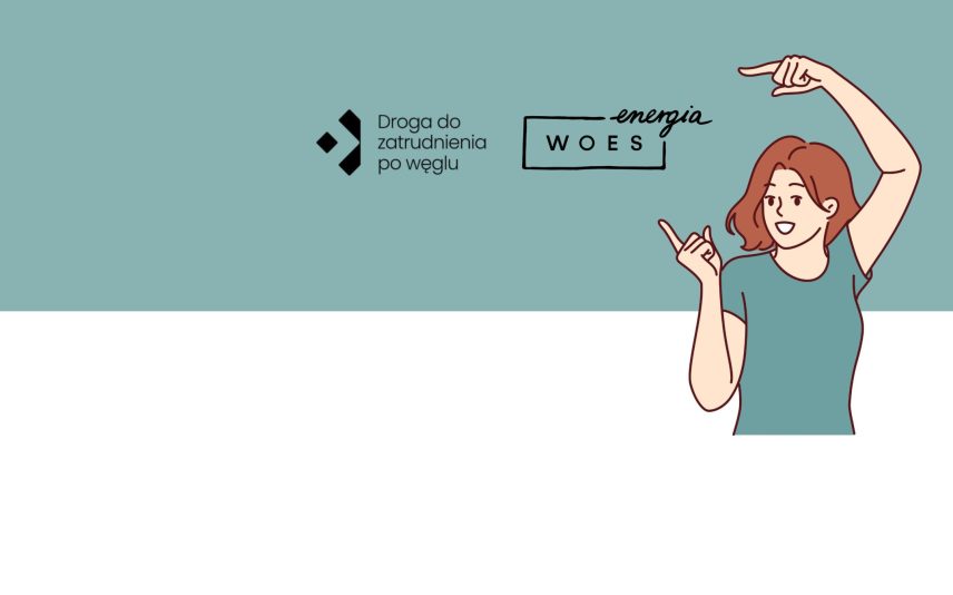 Kobieta wskazuje na dwa logo - WOES Energia i Droga do zatrudnienia po węglu / Grafika animowana