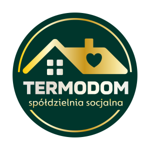 Logo Spółdzielni Socjalnej Termodom - złoty dom z zieloną grafiką serca na dachu