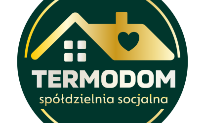 Logo Spółdzielni Socjalnej Termodom - złoty dom z zieloną grafiką serca na dachu