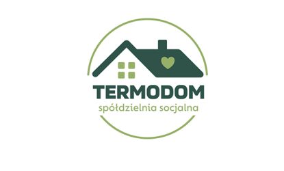 Logo Spółdzielni Socjalnej Termodom - zielony dom z grafiką serca na dachu