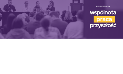 Grafika utrzymana w kolorze fioletowym. Grupa osób podczas konferencji - prelegenci i widownia.