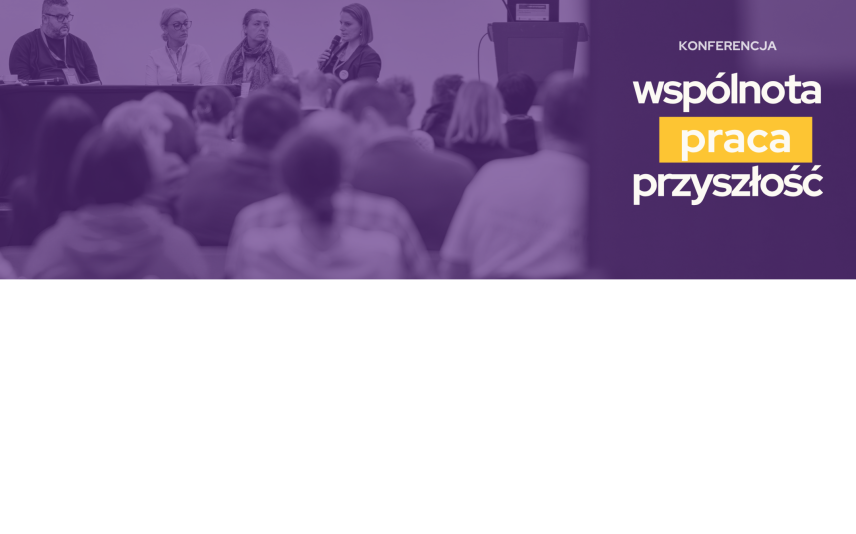 Grafika utrzymana w kolorze fioletowym. Grupa osób podczas konferencji - prelegenci i widownia.